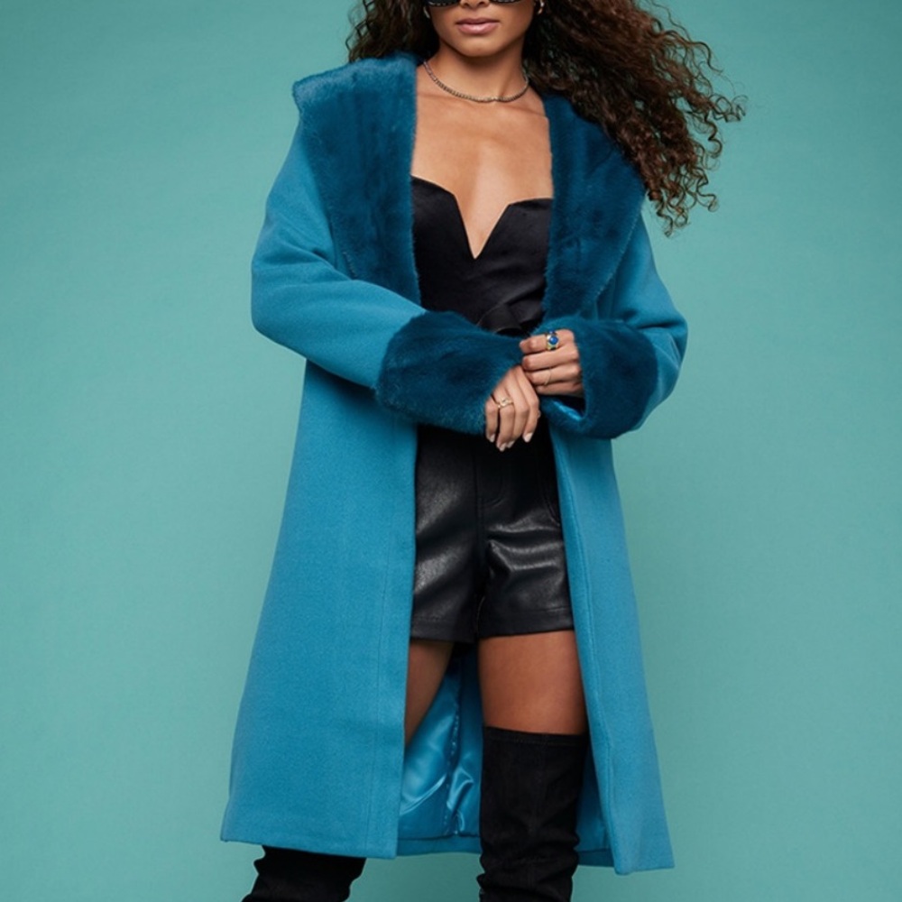 Teal Faux Fur Trim Belted Coat
